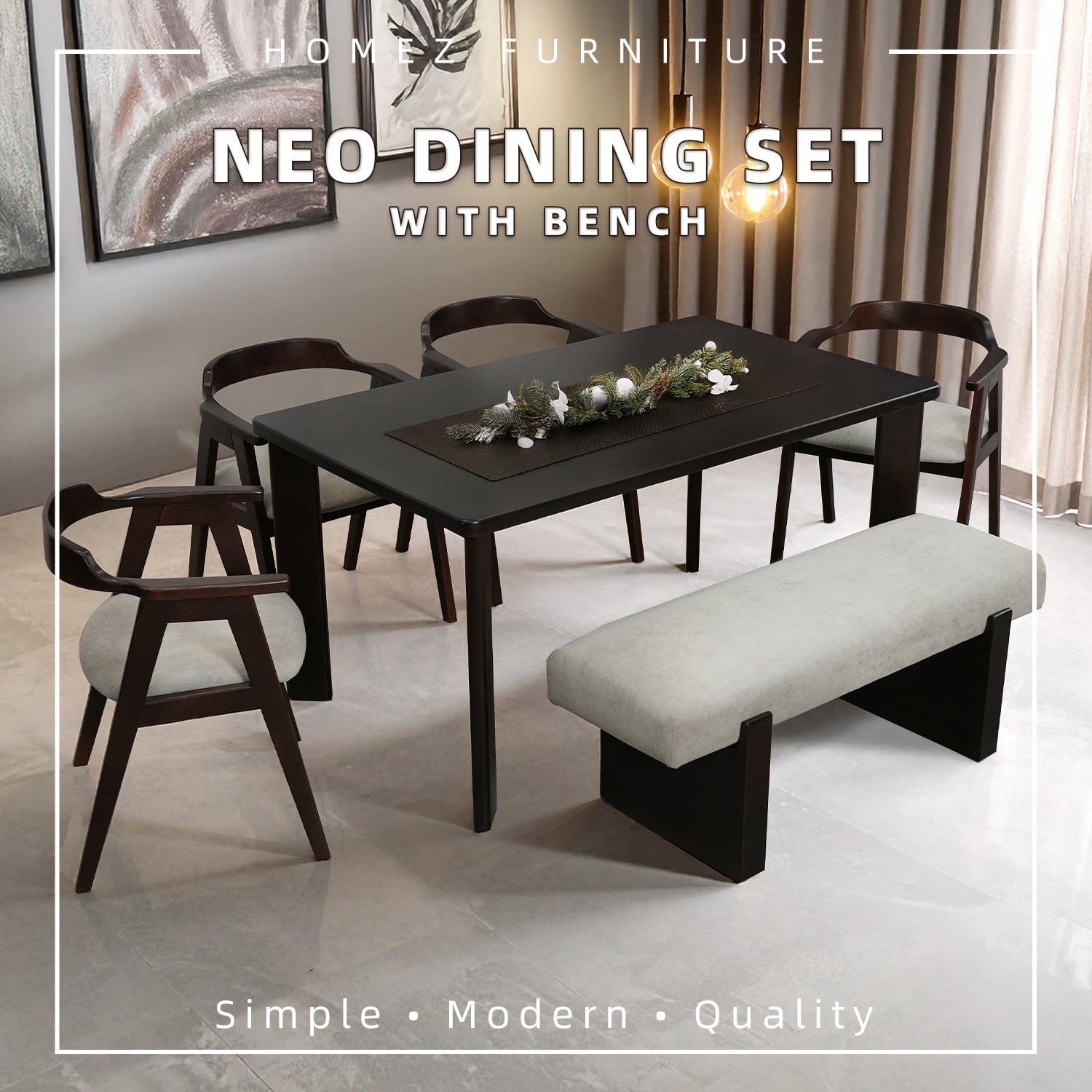 Solid Rubberwood 4-6 Seater Dining Set With Bench