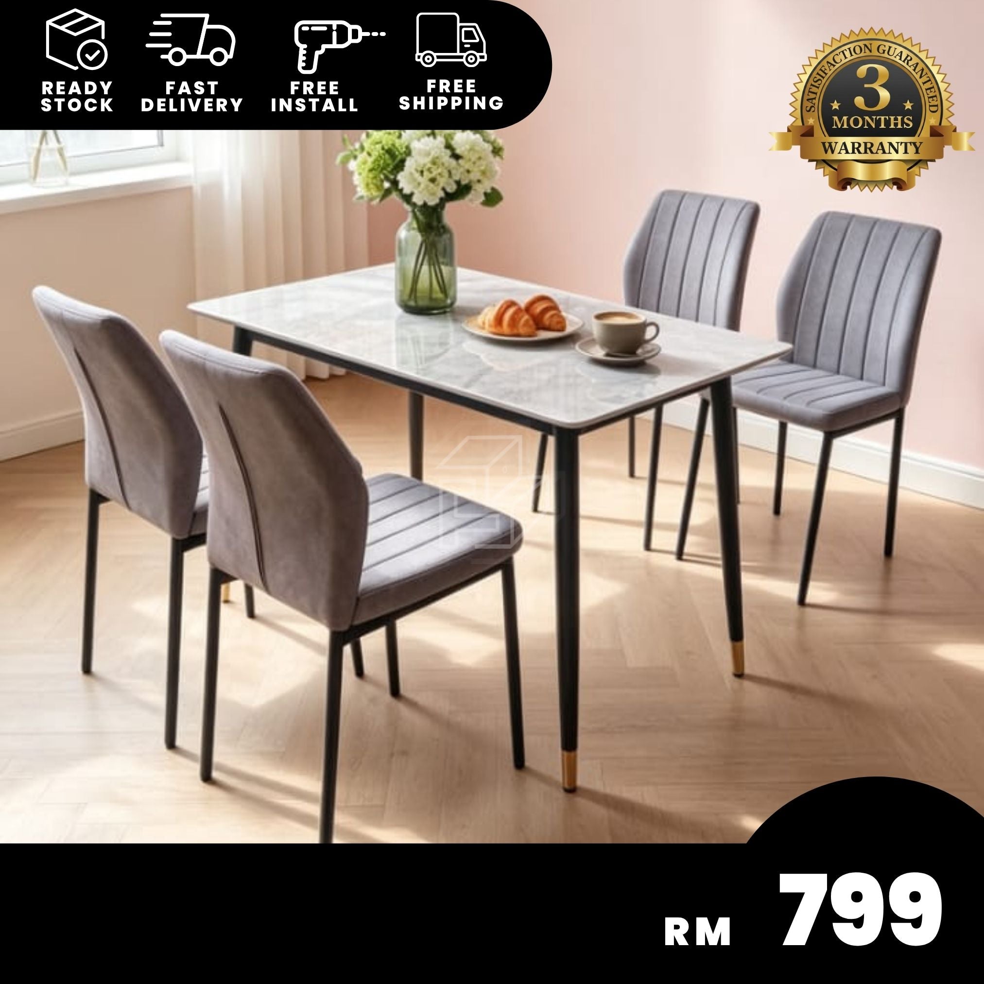 Sintered Stone Marble Dining Table Set 1+4/1+6 Seater