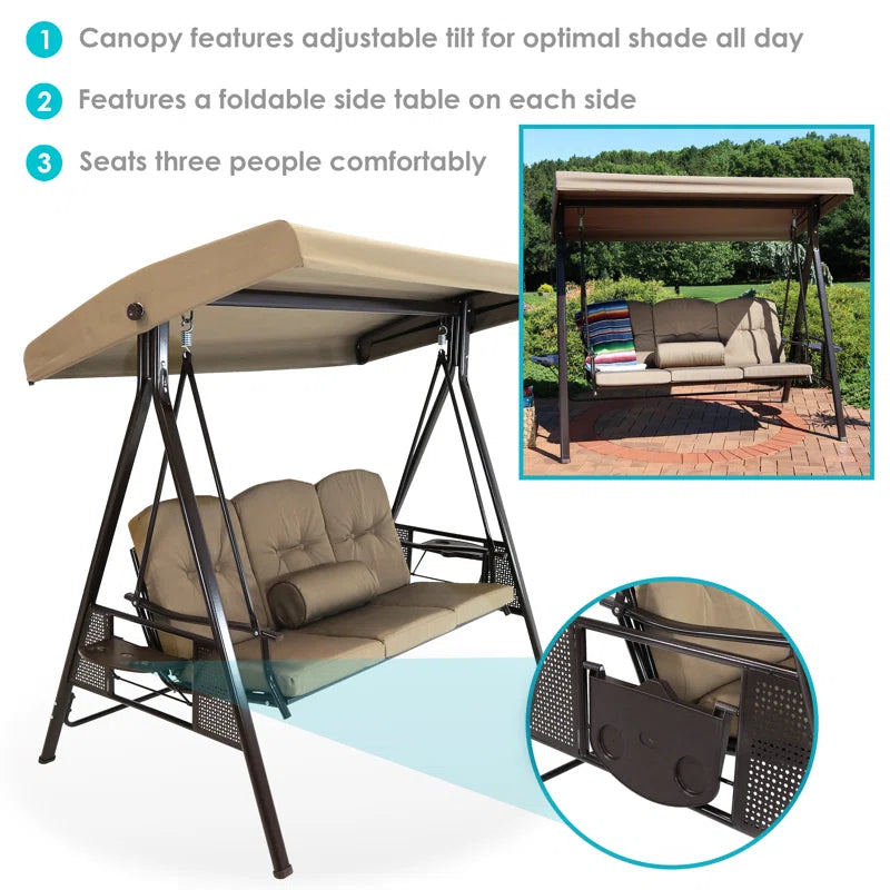3-Seat Steel Patio Swing With Canopy Cushions Pillows